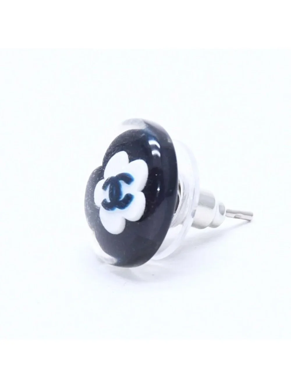 Chanel CC Logo Button Earrings 04 Camellia Clear Black White Resin